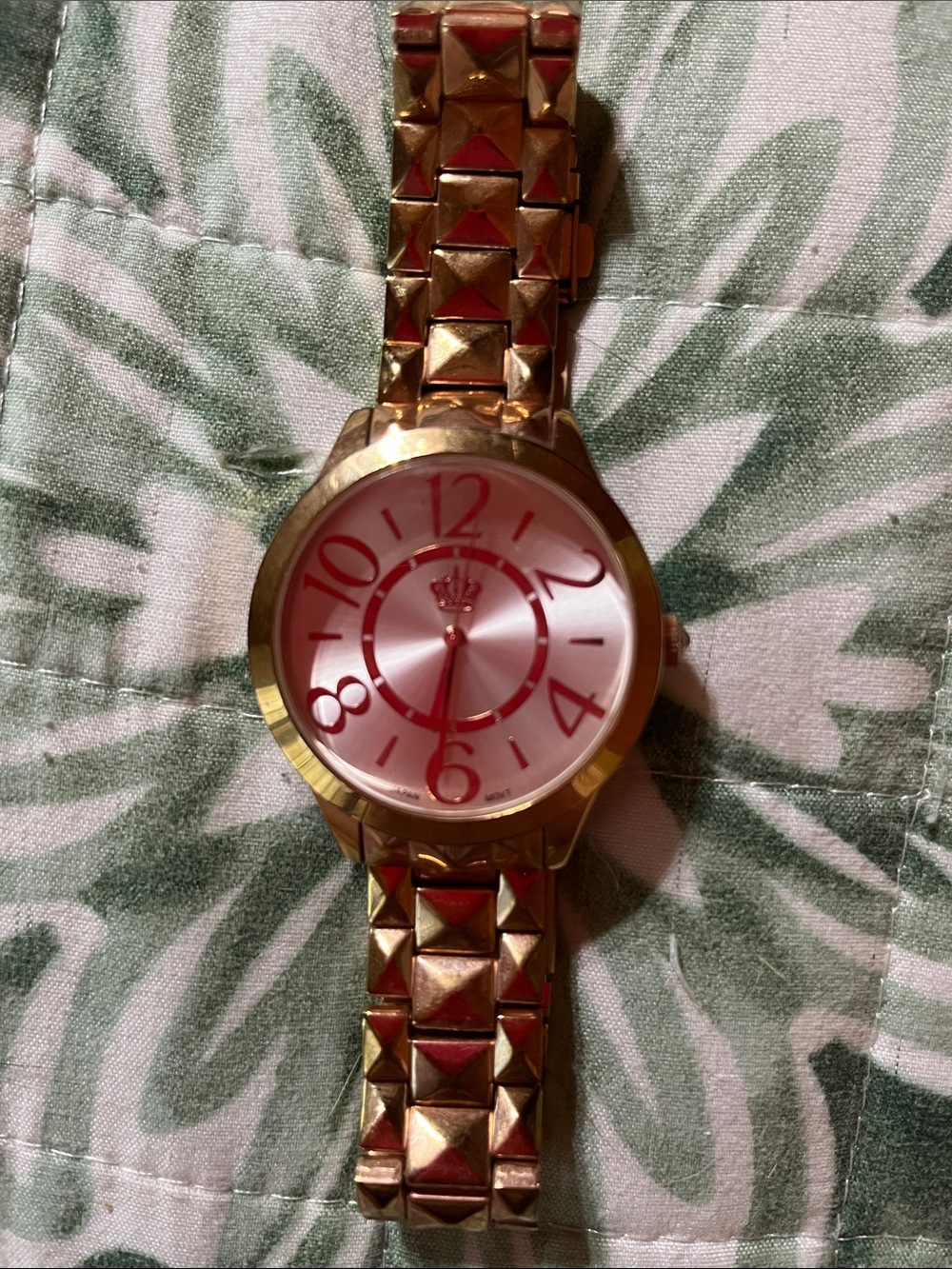 Gold-Tone Women's Watch with Pink Dial and Pyramid Bracelet